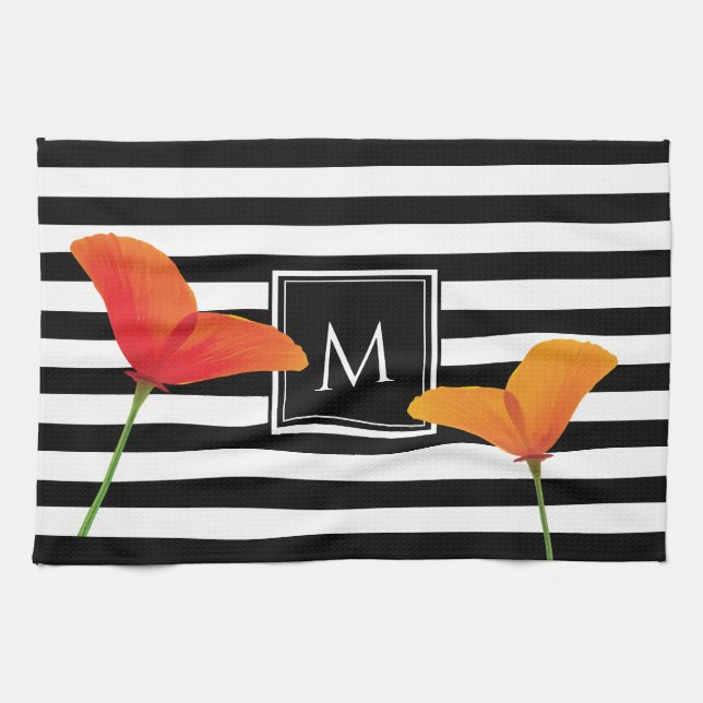 Monogramm für Poppy Chic Black Stripes Geschirrtuch (Horizontal)