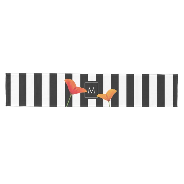 Monogramm für Poppy Chic Black Stripes Mittelgroßer Tischläufer (Horizontal)