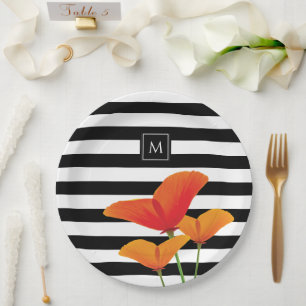 Monogramm für Poppy Chic Black Stripes Pappteller