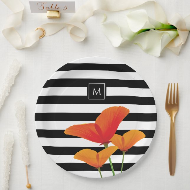 Monogramm für Poppy Chic Black Stripes Pappteller (Hochzeit)