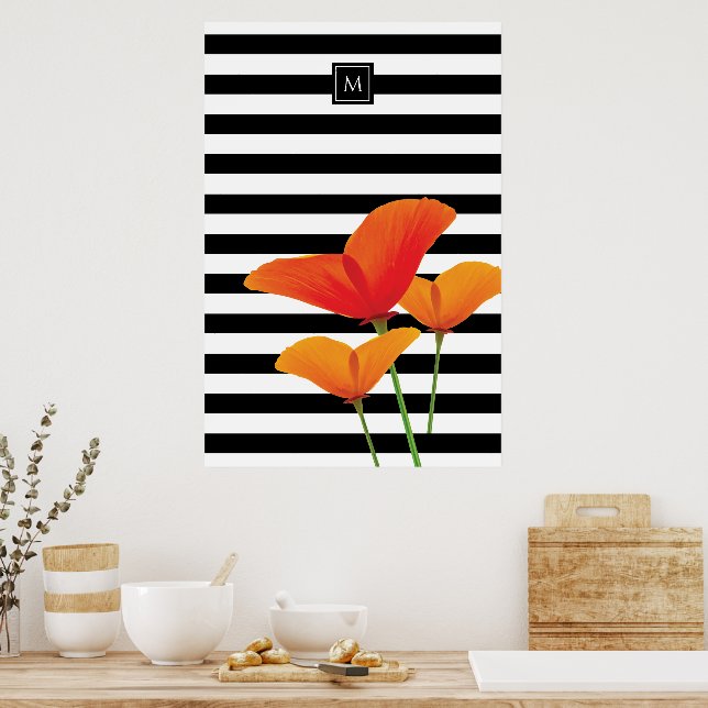 Monogramm für Poppy Chic Black Stripes Poster (Küche)
