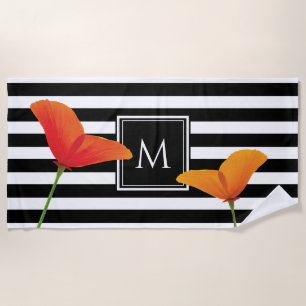 Monogramm für Poppy Chic Black Stripes Strandtuch