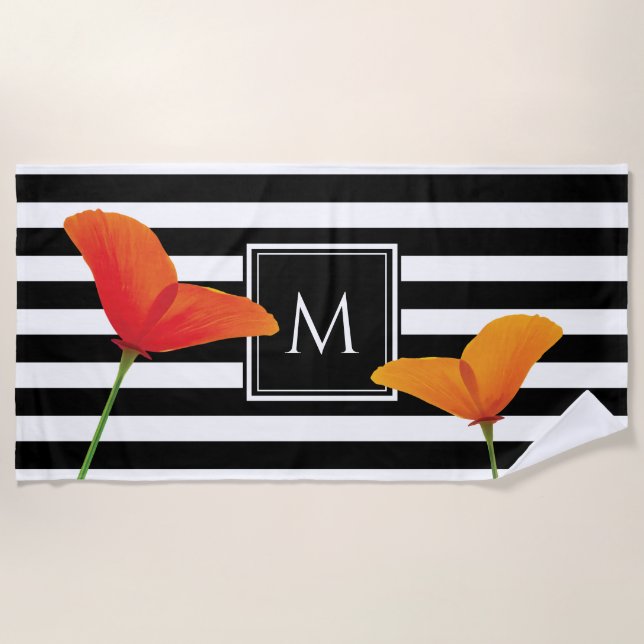 Monogramm für Poppy Chic Black Stripes Strandtuch (Vorderseite)