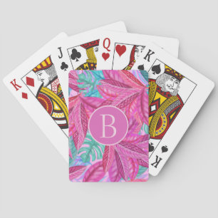 Monogramm für rosa und grüne moderne tropische Blä Spielkarten