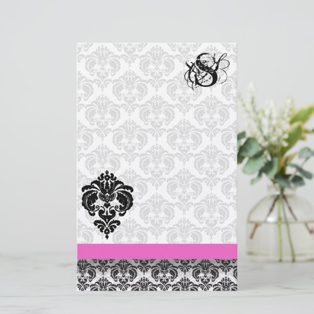 Monogramm für rosa und schwarze Damaskus Briefpapier (Stehend Vorderseite)
