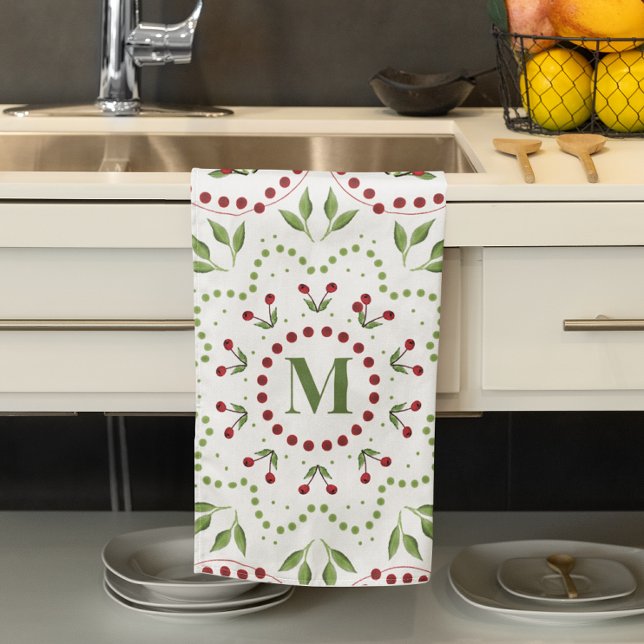 Monogramm für Rot und Grün Geschirrtuch (Simple monogram Holiday greenery mandala kitchen towel.)