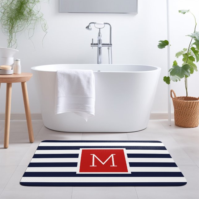Monogramm für Rot und Navy Stripes Badematte (Von Creator hochgeladen)
