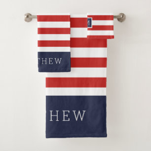 Monogramm für Rot und Navy Stripes Badhandtuch Set