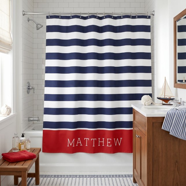 Monogramm für Rot und Navy Stripes Duschvorhang (Von Creator hochgeladen)