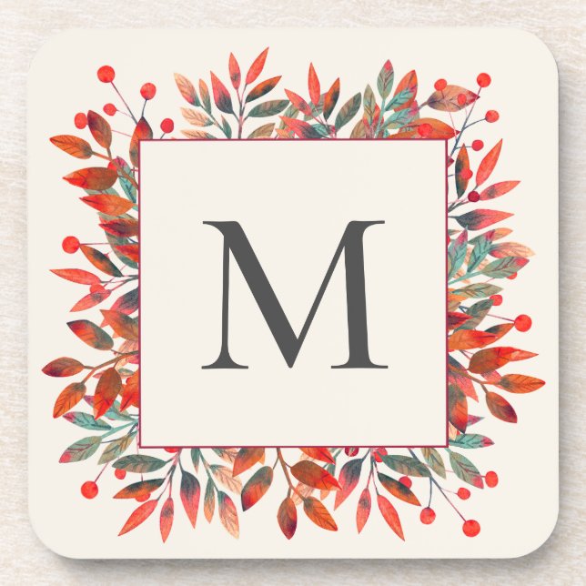 Monogramm für rote Berries und grüne Blätter Getränkeuntersetzer (Vorderseite)