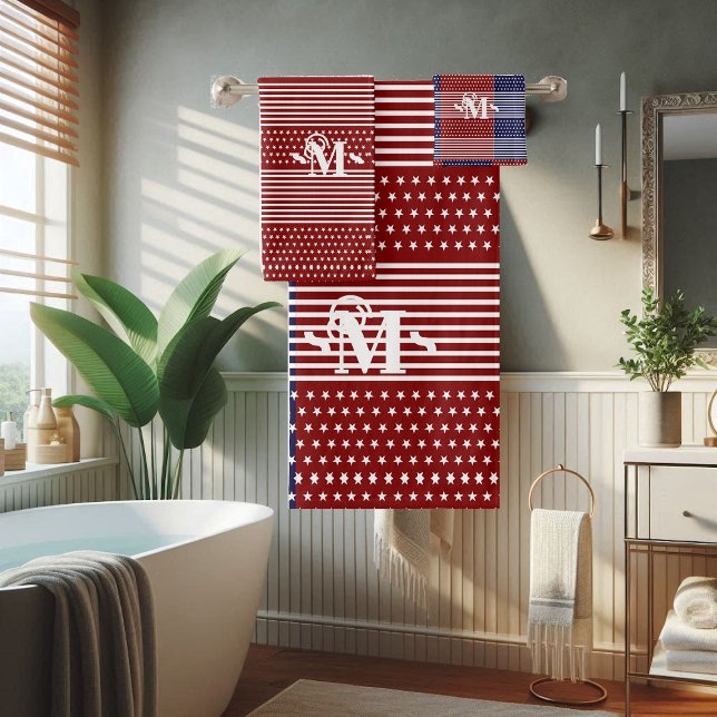Monogramm für rote, weiße und blaue Designsteine u Badhandtuch Set (Red White and Blue Theme Stars & Stripes Monogram Bath Towel Set)