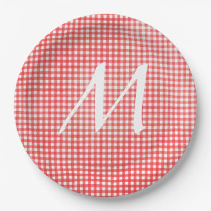 Monogramm für rotes und weißes Gingham-Design Pappteller