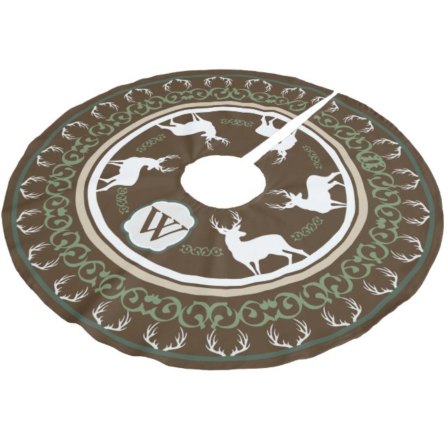 Monogramm für rustikale Silhouetten und Antler Polyester Weihnachtsbaumdecke (Schrägansicht)