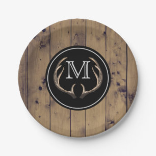 Monogramm für rustikales Holz Pappteller