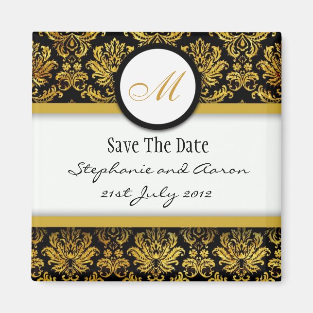 Monogramm für Schwarz-Gold-Damask Save the Date Magnet (Vorne)