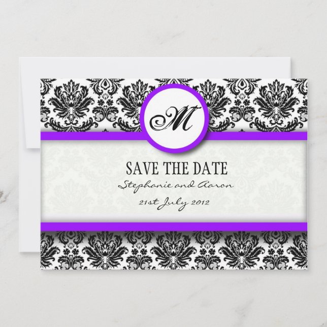 Monogramm für Schwarz und Lila Damaskus Save the D Date (Vorderseite)