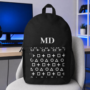 Monogramm für Schwarz-Weiß-Gamer-Muster Bedruckter Rucksack