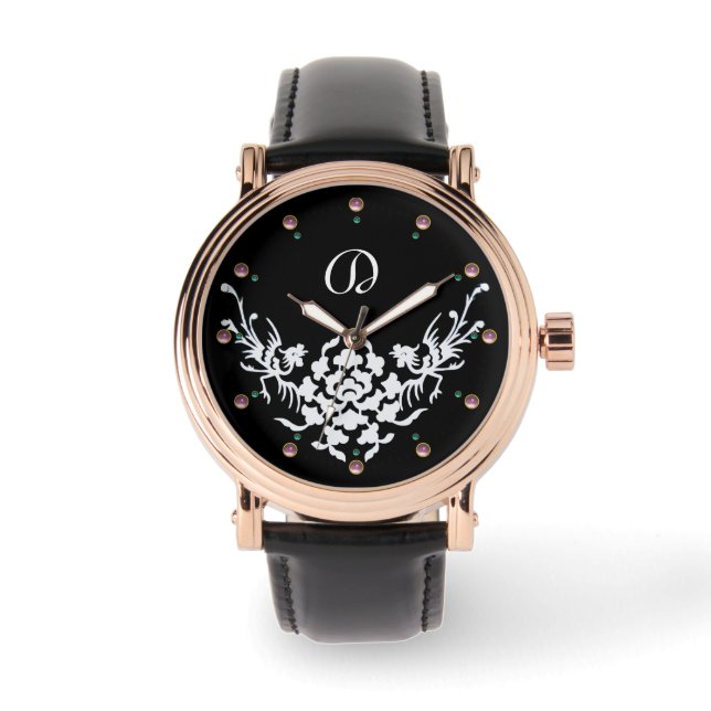 MONOGRAMM FÜR Schwarz-weiße GRIFFINEN UND BLUME Armbanduhr (Vorderseite)