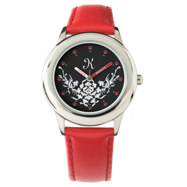 MONOGRAMM FÜR Schwarz-weiße GRIFFINEN UND BLUME Armbanduhr (Vorderseite)