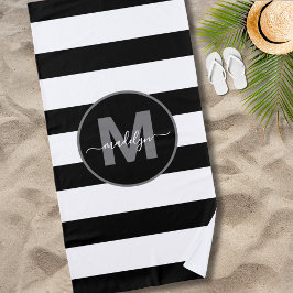 Monogramm für Schwarz-weißen Strip-Skriptnamen Strandtuch
