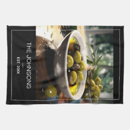 Monogramm für Schwarz-weißes Foto und Familienname Geschirrtuch