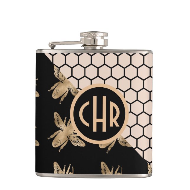 Monogramm für Schwarze und Goldbienen und rosa Hon Flachmann (Vorderseite)