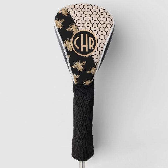 Monogramm für Schwarze und Goldbienen und rosa Hon Golf Headcover (Vorderseite)