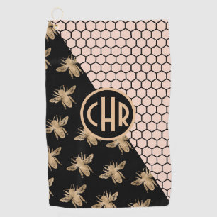 Monogramm für Schwarze und Goldbienen und rosa Hon Golfhandtuch