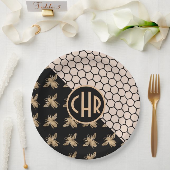 Monogramm für Schwarze und Goldbienen und rosa Hon Pappteller (Hochzeit)
