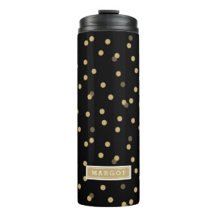 Monogramm für schwarze und goldene Confetti-Punkte Thermosbecher