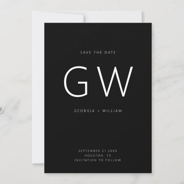 Monogramm für Schwarzweiß-Minimal-Typografie Save The Date (Vorderseite)