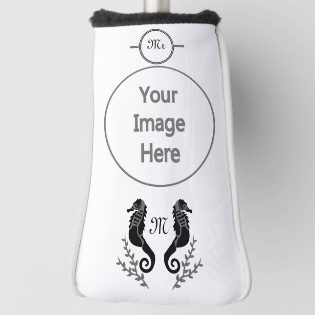 Monogramm für Silhouetten aus schwarzem Seepferd Golf Headcover (Rotieren 90)