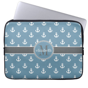 Monogramm für Sky Blue Gray White Ship Anchors Laptopschutzhülle