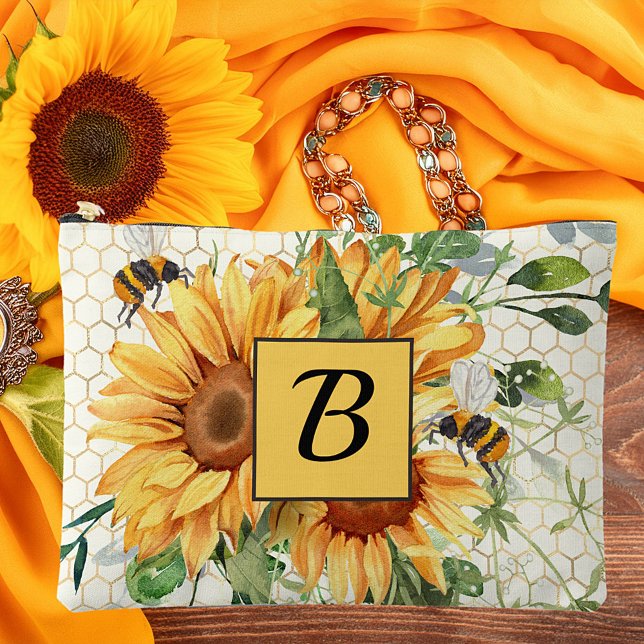 Monogramm für Sonnenblumen und Bienen Zubehörtasche (Von Creator hochgeladen)