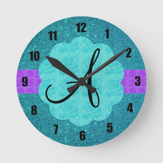 Monogramm für türkisfarbenen Glitzer Runde Wanduhr (Vorderseite)