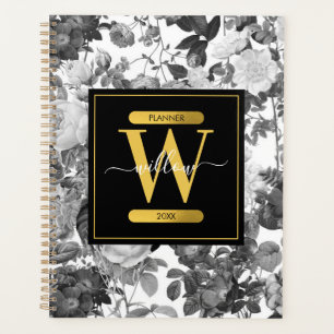 Monogramm für Vintage Blumen, Schwarz, Weiß und Go Planer
