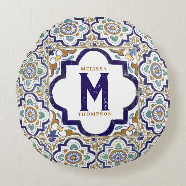 Monogramm für Vintage botanische ZierTiles Rundes Kissen (Vorderseite)