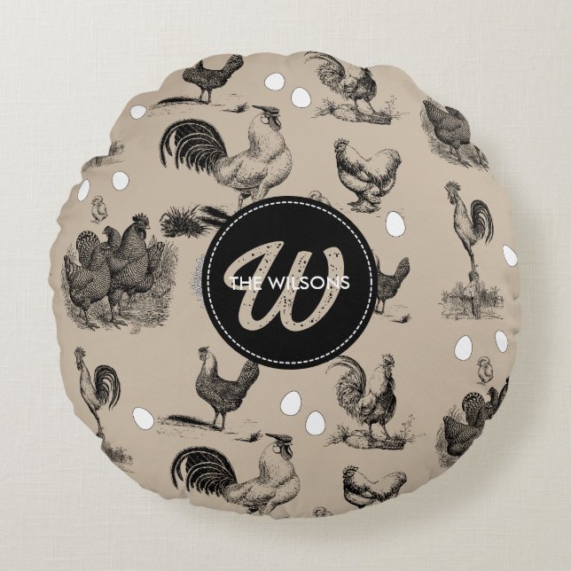 Monogramm für Vintages Hühnerroster Rundes Kissen (Vorderseite)