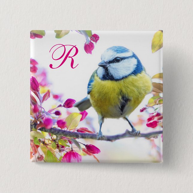Monogramm für Vögel und Rosa Blüten Button (Vorderseite)