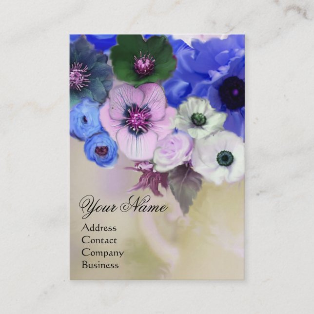 MONOGRAMM FÜR WEISSE BLAUE ROSE UND ANEMONE-BLUME VISITENKARTE (Vorderseite)