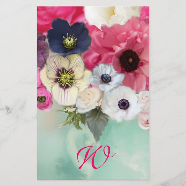 MONOGRAMM FÜR WEISSE ROSEN UND ANEMONEN-BLUME BRIEFPAPIER (Vorderseite)