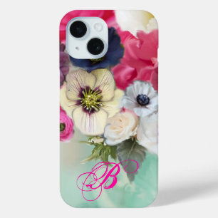 MONOGRAMM FÜR WEISSE ROSEN UND ANEMONEN-BLUME iPhone 15 HÜLLE