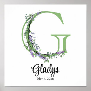Monogramm G Lavendel-Eukalyptus-Kinderzimmerplakat Poster