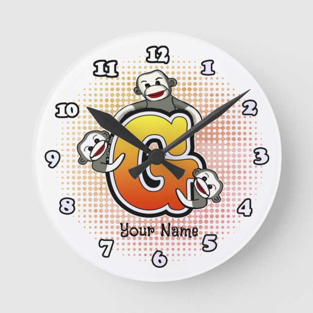 Monogramm G Sock Monkey-Uhr Runde Wanduhr (Vorderseite)
