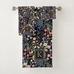 Monogramm-Garten dunkler Hintergrund Wildblumen-Bl Badhandtuch Set