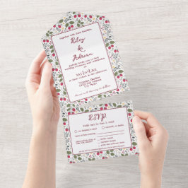 Monogramm-Garten-Himbeer-Frühlings-Blumen-Hochzeit All In One Einladung