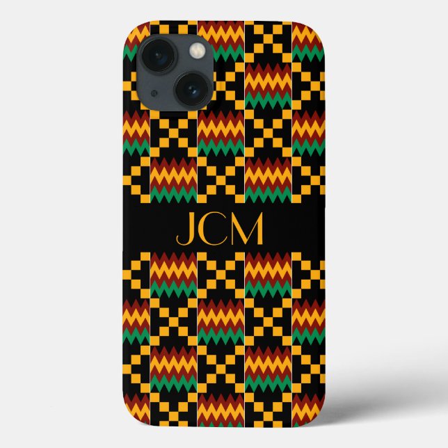 Monogramm-Gelb, Grün, Rot, schwarzer Kente Stoff Case-Mate iPhone Hülle (Rückseite)