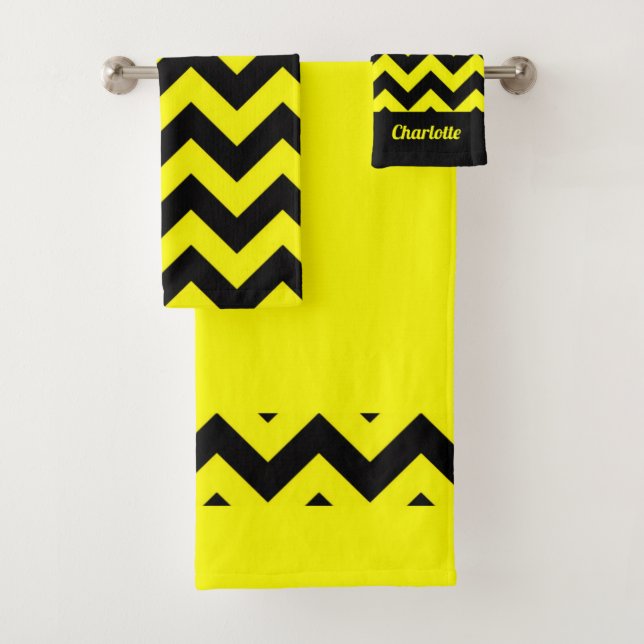 Monogramm gelb-schwarzes Chevron-Muster Badhandtuch Set (Insitu)