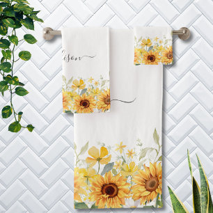 Monogramm Gelbe Blume Sonnenblume Floral Botanisch Badhandtuch Set