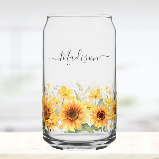 Monogramm Gelbe Blume Sonnenblume Floral Botanisch Dosenglas (In situ)